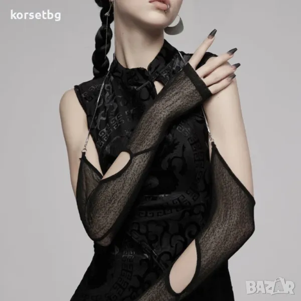 Черни ръкави от тюл с подвижна сребриста верижка 9019, снимка 1