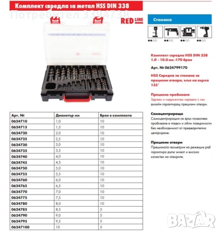 К-кт свредла за метал HSS ø1 -10mm,170бр. Red Line, снимка 4 - Диамантени и режещи инструменти - 53602319