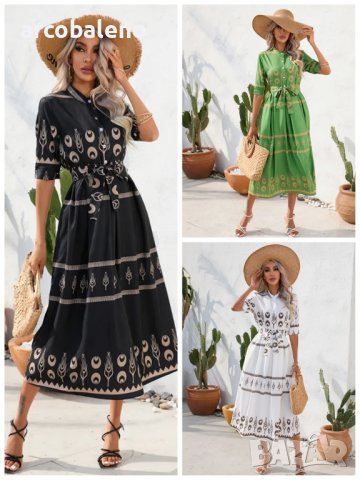 Дамска миди рокля с етнически щампи с половин ръкав, 3цвята 