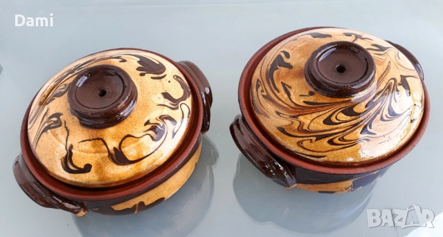 Гювечета българска керамика с похлупак и дръжки, снимка 2 - Съдове за готвене - 52965904