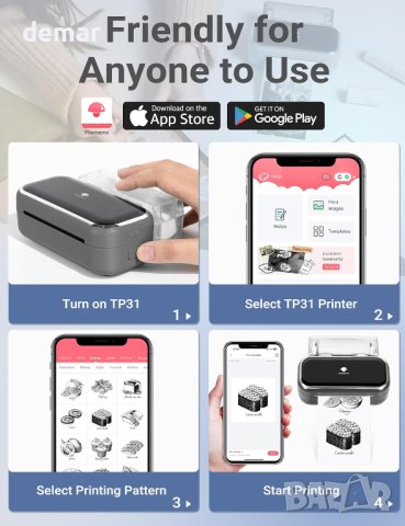 Мобилен принтер Phomemo TP31 203DPI, черно-бял печат, iOS и Android, снимка 7 - Принтери, копири, скенери - 44478586