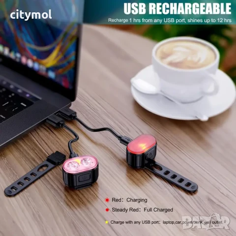LED фар и стоп за велосипед, Type C зареждане, различни режими на светене, снимка 7 - Аксесоари за велосипеди - 50564733