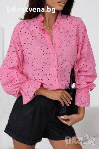 Дамска памучна риза в розово с дълъг ръкав и бродерия
