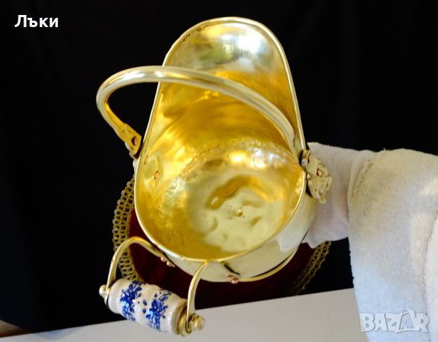 Старинен месингов съд,лъвски глави,порцелан., снимка 6 - Антикварни и старинни предмети - 36251760
