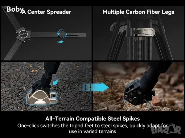 Професионален карбонов видео статив Smallrig FreeBlazer Heavy-Duty Carbon Tripod Kit AD-100, снимка 13 - Чанти, стативи, аксесоари - 55815026