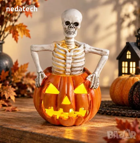 Halloween декоративен скелет в тиква с LED светлина, снимка 3 - Декорация за дома - 56096594
