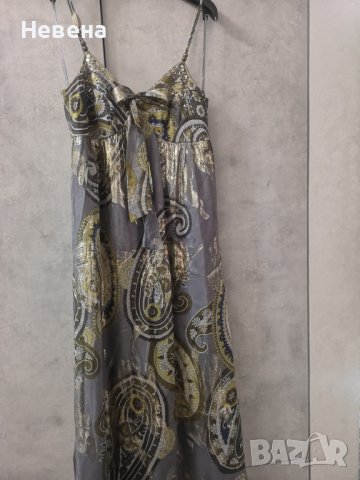 Бутикова Рокля от Естествена коприна, нова, сиво и златно, размер L, снимка 2 - Рокли - 42472238