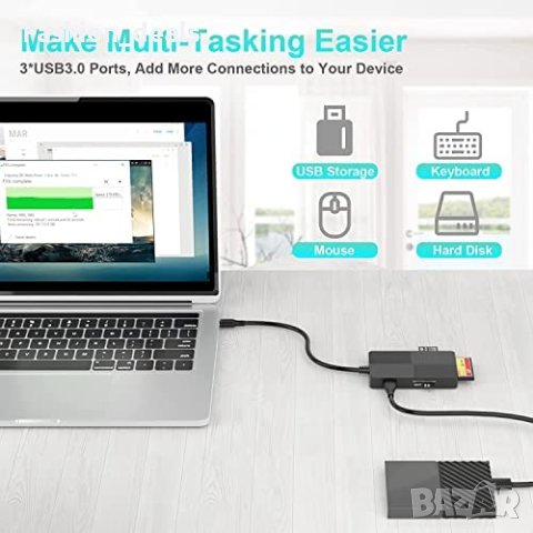 Нов USB C хъб четец на карти адаптер с 3 USB3.0 за компютър лаптоп, снимка 6 - Друга електроника - 40673361