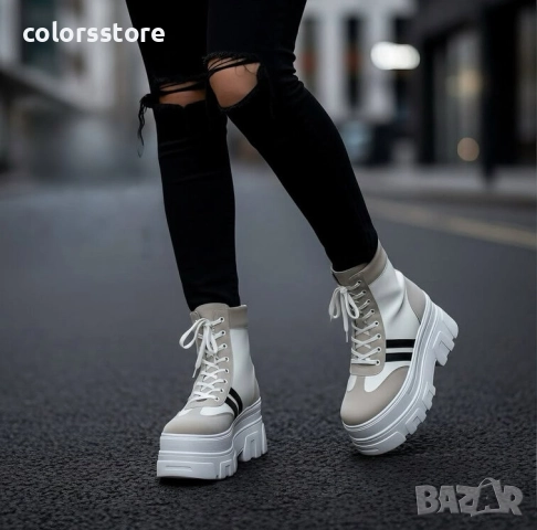 Боти на платформа - бяло със сиво и черни ленти - BML30 , снимка 2 - Дамски боти - 52264794