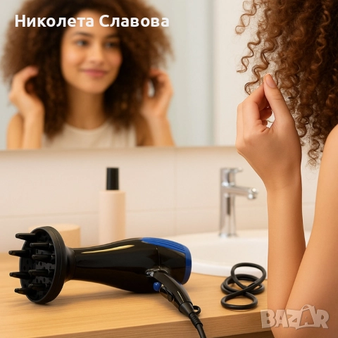 Сешоар с дифузер Rosberg, 2200W, 3 степени на температура, 2 скорости, Черен/син, снимка 3 - Сешоари - 51742498