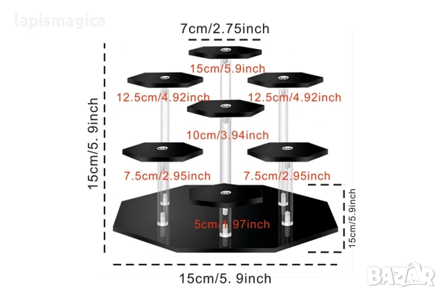 Акрилна стойка с 7 нива – шестоъгълен дизайн - черна или прозрачна