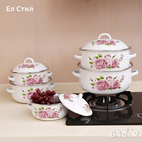 Комплект 5 бр. емайлирани тенджери с незалепващо покритите + капаци ТОП КАЧЕСТВО, снимка 3 - Съдове за готвене - 53309985