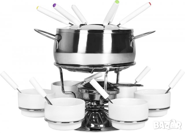 Комплект за фондю Ribelli 28 части неръждаема стомана 6x вилица, лъжица, чиния, купа фондю със сирен, снимка 3 - Други - 40199534