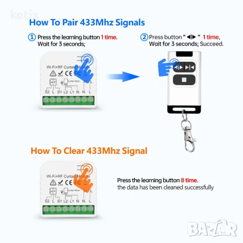 WIFI интелигентен контролер за ролетни щори с 433Mhz RF дистанционно управление, снимка 3 - Друга електроника - 53540530