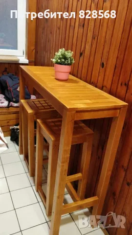 Бар маса с два бар стола от естествен Чам, снимка 1