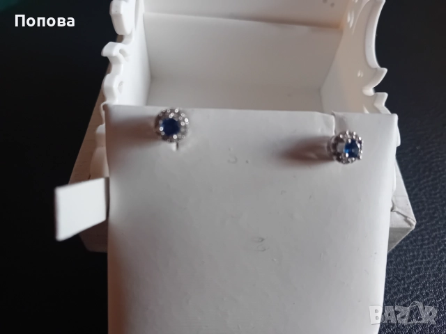 Златни обеци с естествени сапфири и диаманти /бяло злато/, снимка 8 - Обеци - 52791722