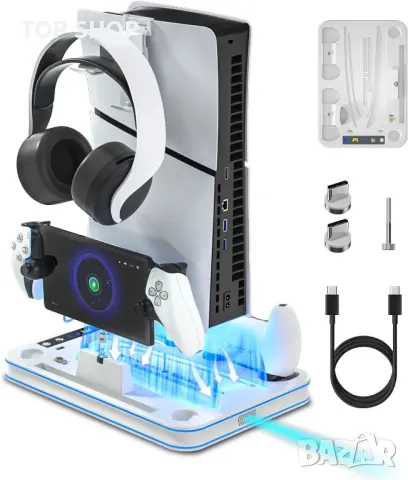 Стойка и охладителна станция с RGB LED, станция за зареждане, PS5 / PS5 Slim, бяла, снимка 9 - Аксесоари - 49340609