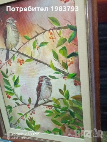 Маслена авторска картина с врабчета., снимка 3 - Картини - 53469901