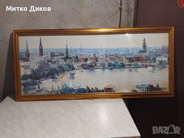 Hamburger Michel Landingsbrucken Binnenalsyer акварел подписан 90г панорама 132х58см Злат. рамка ст., снимка 4 - Картини - 55846251