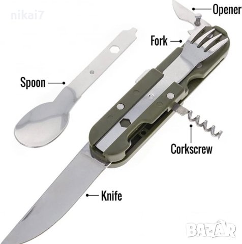 Джобен нож с прибори за хранене 7в1 преносим комплект кальо за колан, снимка 6 - Ножове - 41770524