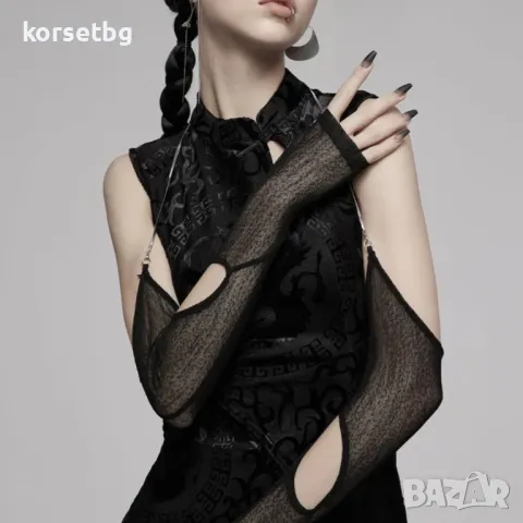 Черни ръкави от тюл с подвижна сребриста верижка 9019, снимка 1