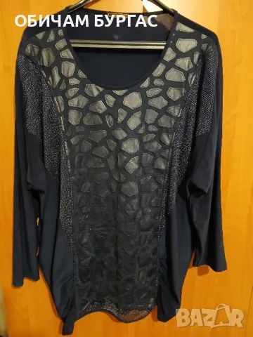 3-4xl ЕФЕКТНА ТЪМНОСИНЯ БЛУЗА ОТ ТРИКО С КОЖЕНА АПЛИКАЦИЯ, снимка 2 - Блузи с дълъг ръкав и пуловери - 48785387
