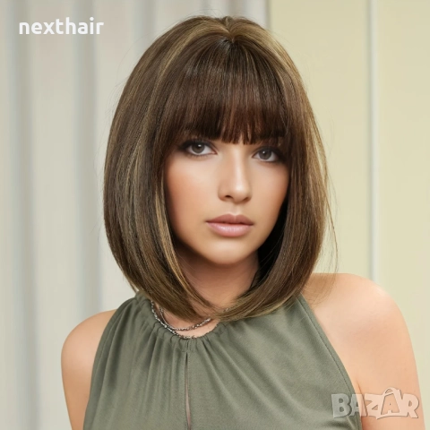 Къса дамска кафява перука с руси кичури и бретон, снимка 3 - Аксесоари за коса - 50287039