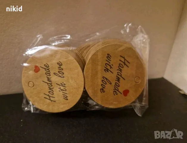 50 бр кръгли Handmade with love❤ Тагове табелки етикети картонени за подаръци ръчна изработка украса, снимка 3 - Други - 32501508