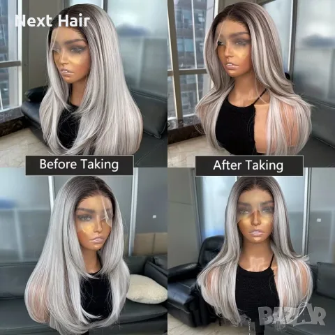 Елегантна сребристо руса перука с тъмни корени - 13×4 Lace Front, снимка 3 - Аксесоари за коса - 56003317