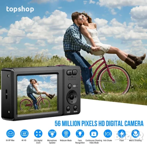 Цифров фотоапарат 56MP 4K HD Компактен с 32GB карта, 20X увеличение 2,7-инчов екран, Литива батерия, снимка 2 - Фотоапарати - 50503835