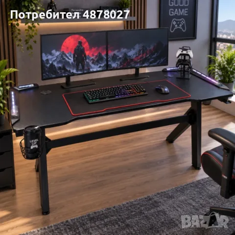 Комплект геймърско бюро с LED осветление и аксесоари и геймърски стол с RGB LED осветление и дистанц, снимка 8 - Бюра - 56090439