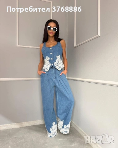 Дънков комплект от две части 🤍 Уникален 🤍 С дантела и шити камъчета 🤍 Син деним / Бял деним 💎 S,, снимка 2 - Комплекти - 53242852