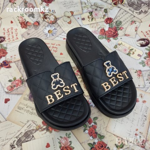 Атрактивни дамски чехли с мече BEST в черен цвят, снимка 1