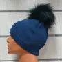 Нова зимна дамска шапка с камъчета отпред и с пух/помпон в син цвят, снимка 3