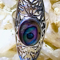 Впечатляващ,филигранен,сребърен пръстен с кралски седеф, снимка 2 - Пръстени - 36454162