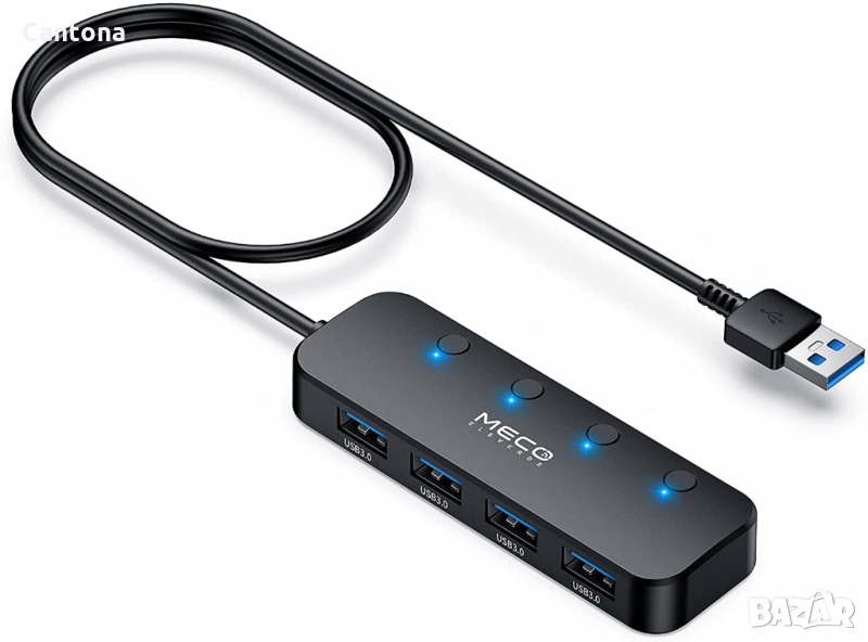 MECO 4-портов USB 3.0 хъб, USB хъб за данни с индивидуални LED превключватели, ултра тънък, снимка 1