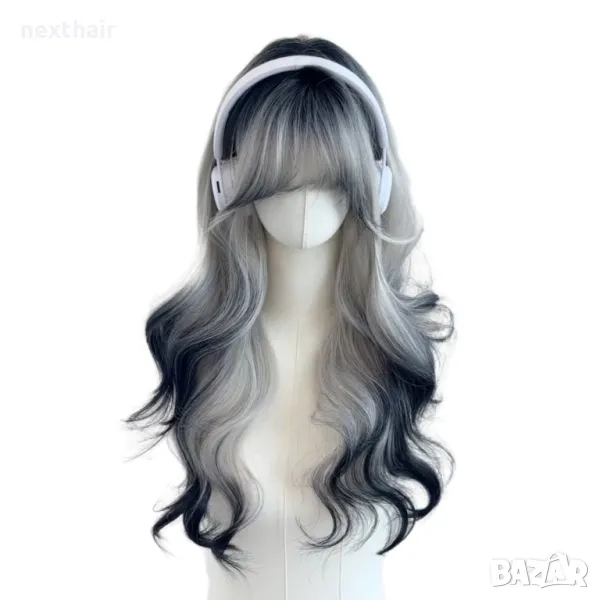 Косплей аниме дълга сребристо сива перука с тъмни краища и бретон, снимка 1