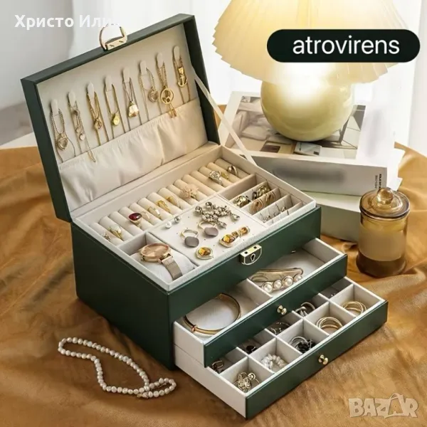 Органайзер за Бижута Кутия за бижута от Изкуствена Кожа с 3 Нива и Ключалка, снимка 1