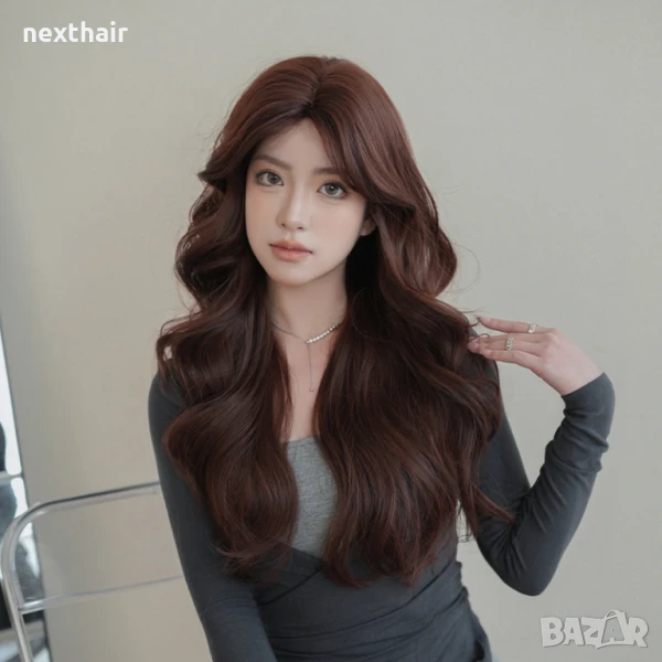 Кестенява чуплива перука с дълъг бретон, снимка 1