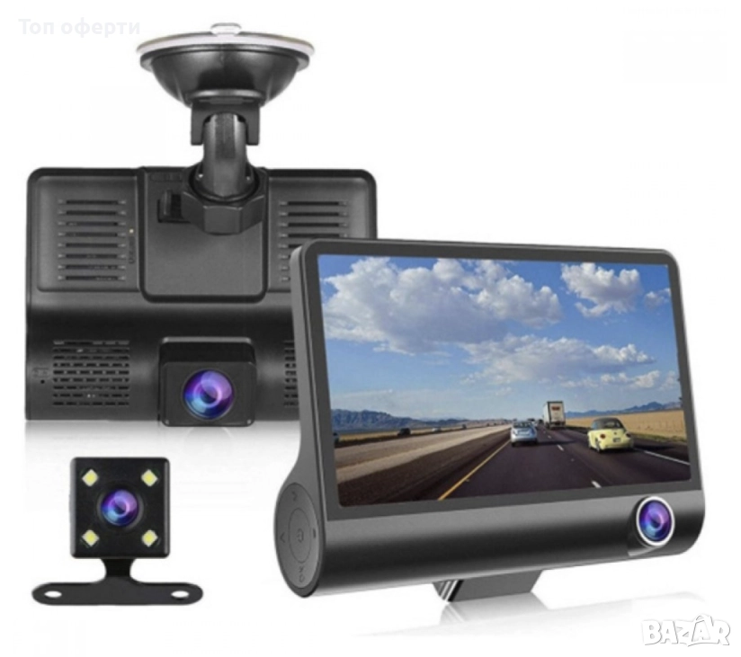 Видеорегистратор Full HD 1080P с 3 Камери и 4 Дисплей – Предна, Задна и Вътрешна Камера, Нощно Вижда, снимка 1
