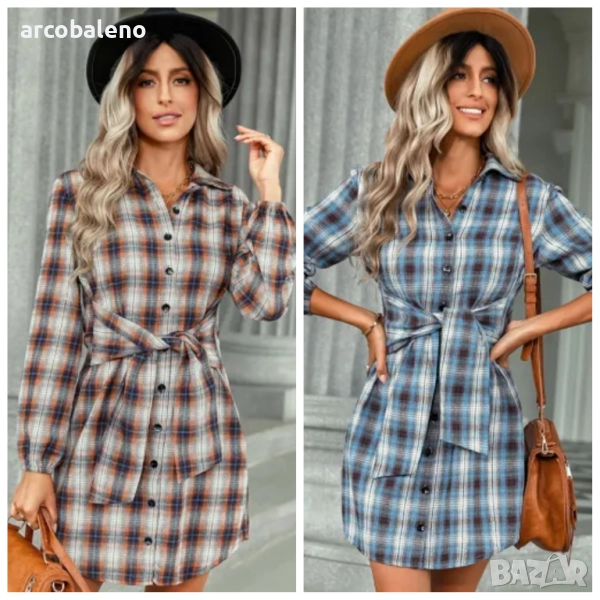 Едноредна модна дамска карирана рокля, 2цвята , снимка 1