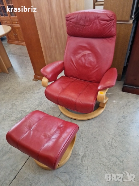 К-т Релаксиращ Фотьойл Естествена кожа и Табуретка-внос от Германия!, снимка 1