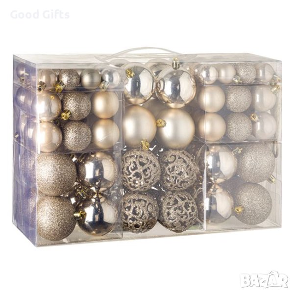 100 броя Комплект коледни топки, цвят Шампанско в 3 размера, снимка 1