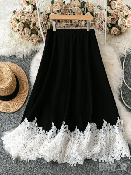 Макси разкошна елегантна еластична плътна пола с ластична талия в черно с приказна широка бяла данте, снимка 1