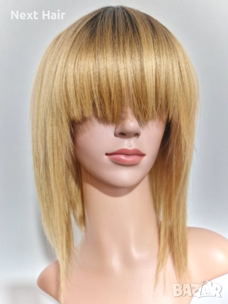 33 см естествена златисто руса омбре перука с тъмни корени и бретон, снимка 1