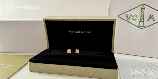 Van Cleef & Arpels Обеци с 18к Златно покритие - Цвят бял + Кутия, снимка 5 - Обеци - 51412288