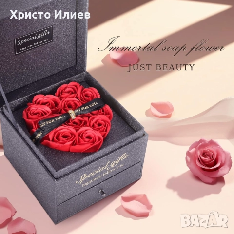 Подаръчен комплект сребърно колие сърце и обици в луксозна кутийка с вечни роза, снимка 7 - Бижутерийни комплекти - 50686112