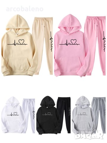 Моден дамски суичър от две части  с качулка и принт ECG и долнище, 5цвята 