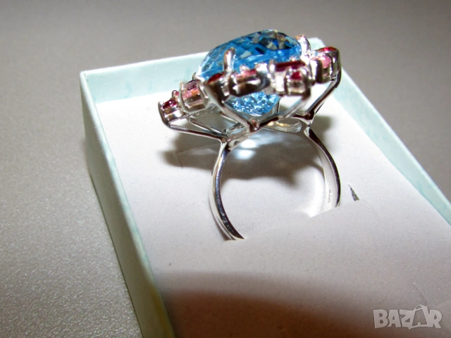 Сребърен пръстен с натурален син топаз 37 карата, снимка 3 - Пръстени - 53498060