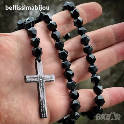 Мъжки Гердан/Броеница от Фасетиран Оникс и Стоманен Кръст, снимка 2 - Колиета, медальони, синджири - 48234382